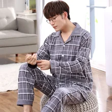 Новое поступление, осенне-зимние пижамы, мужские хлопковые пижамы, длинный рукав, отложной воротник, кардиган, повседневная мужская пижама больших размеров