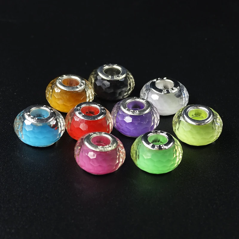 

10pcs/lots Mixed Color Big Hole Loose Silver Cole Faceted Plastic Glass Beads Fit European Pandora Jewelry Bracelet Charms DIY