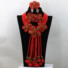 Восхитительный красный Африканский Свадебный Кристалл Свадебный эффектный ожерелье комплект красной/кофейных цветов комплект массивной бижутерии WA553