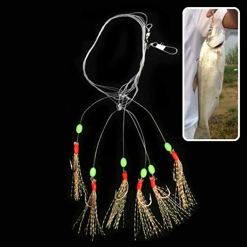 

6pcs/lot Sea Fishing Sabiki Rigs Carp Fishing Hook Colorful Threadlike tail String Fishhooks Luminous Space Beads Tackle Peche