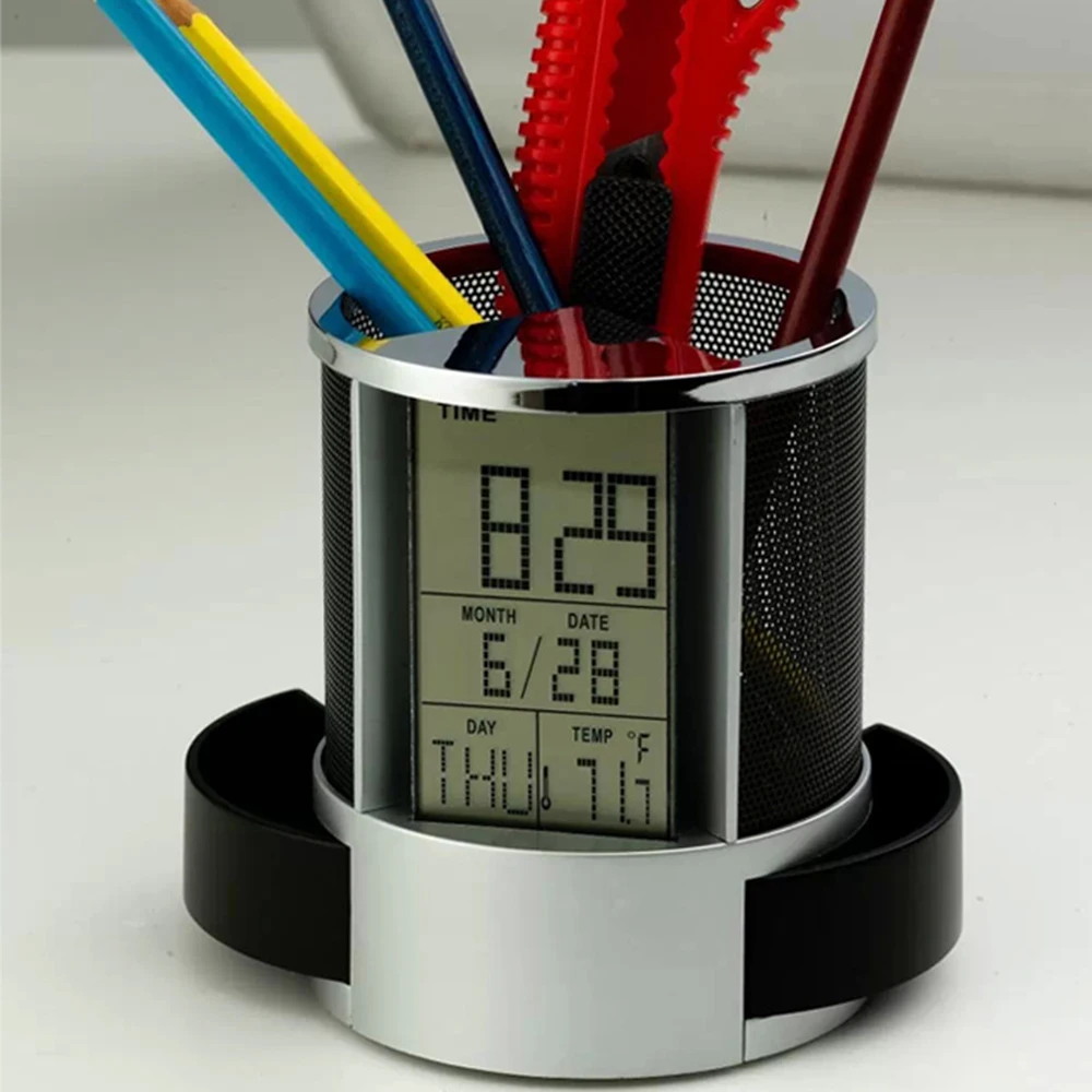 

Pen Holder Digital Alarm Clock Mesh Pen Holder Calendar Timer Temperature Calendar Table Clock With 2 Small Drawer