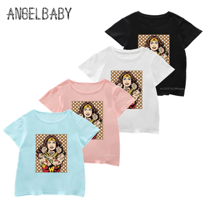 

Wonder Woman Cartoon Pattern Funny Novelty O-Neck T shirt Baby Girls Summer Comfortable Tops Kids Casual T-shirt 5211I