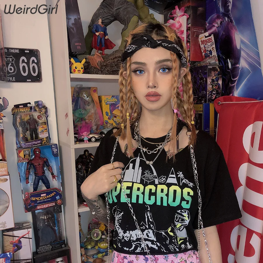 Weirdgirl/женские модные футболки в стиле хип-хоп с принтом в виде металлической цепочки, свободные топы с круглым вырезом и коротким рукавом, эластичные растягивающиеся летние топы для девочек, Новинка