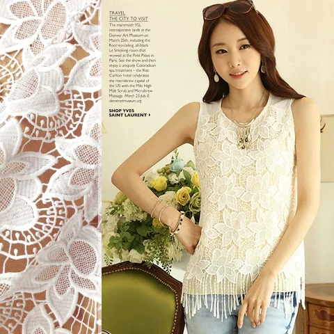 

Heavy industry hollow out white solid milk silk tassel water soluble lace cloth fabric