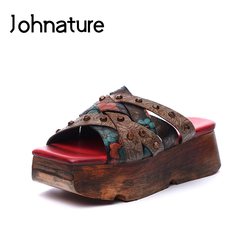 

Johnature Genuine Leather 2019 New Hand-painted Summer Slippers Outside Slides Totem Rivet Retro Wedges Sandals Women Shoes