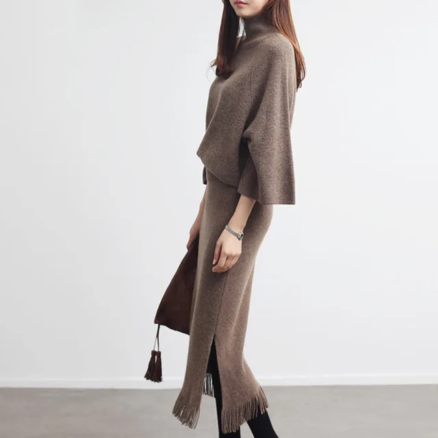 Best Price Elegant Autumn Woman Turtleneck Sweater+Slit Skirt Sets Female Casual Two-Pieces Suits Loose Sweater Knit skirt set with Tassel Best Price Elegant Autumn Woman Turtleneck Sweater+Slit Skirt Sets Female Casual Two-Pieces Suits Loose Sweater Knit skirt set with Tassel