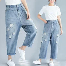 Джинсы женские новые летние Modis свободный джинсовый рваный комбинезон женские Корейская Высокая талия синие девять брюки размер XXL-5XL