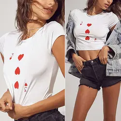 2017 Для женщин тонкий хлопковая рубашка Фитнес укороченный Топы корректирующие пикантные Рубашки с короткими рукавами покер печати белый