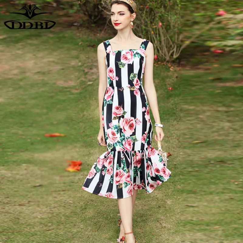 white black striped dress floral dresses designer runway dress high quality 2018 20180516