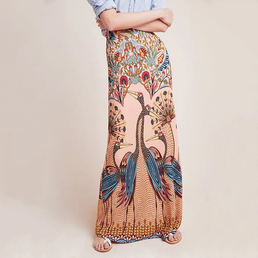 

Peacock Printed Skirts Women Long Straight Vintage maxi Skirt floral Female Summer Autumn 2019
