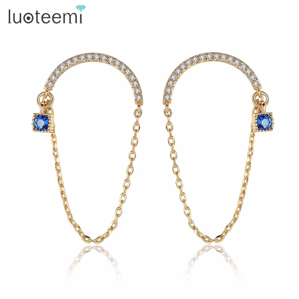 

LUOTEEMI Fashion Champagne Gold Color Tiny Cubic Zirconia Half Circle With Chains Drop Dangle Earrings For Women Brincos Bijoux