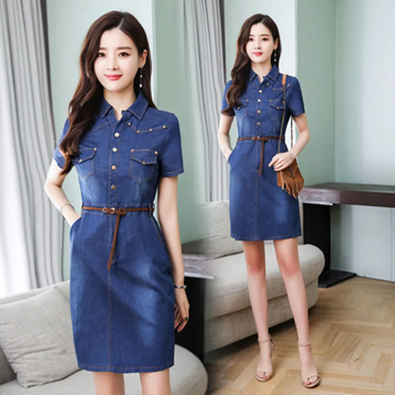jeans blue Новое летнее Стильное женское платье большого размера, модное, с отложным воротником, сплошное, с карманами, с поясом, тонкое джинсовое платье для женщин, большое джинсовое цельное платье - Цвет: jeans blue