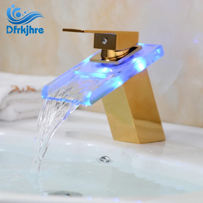 

Deck Mounted LED Color Changing Basin Faucet Waterfall Sink Mixer Golden Finish