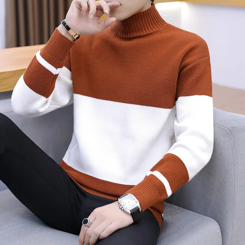 

Half of new fund of 2018 autumn high collar stripe splicing knitted sweater young men More loose sweaters