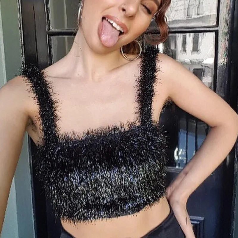 

New fashion sexy women's furry tube top vest top strapless sleeveless T-shirt summer button vest cropped shirt T-shirt
