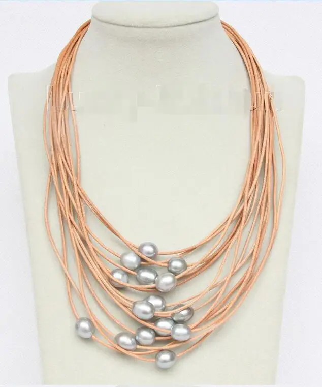 

Hot selling free shipping******* 17"-24" 15row gray freshwater pearls khaki leather necklace
