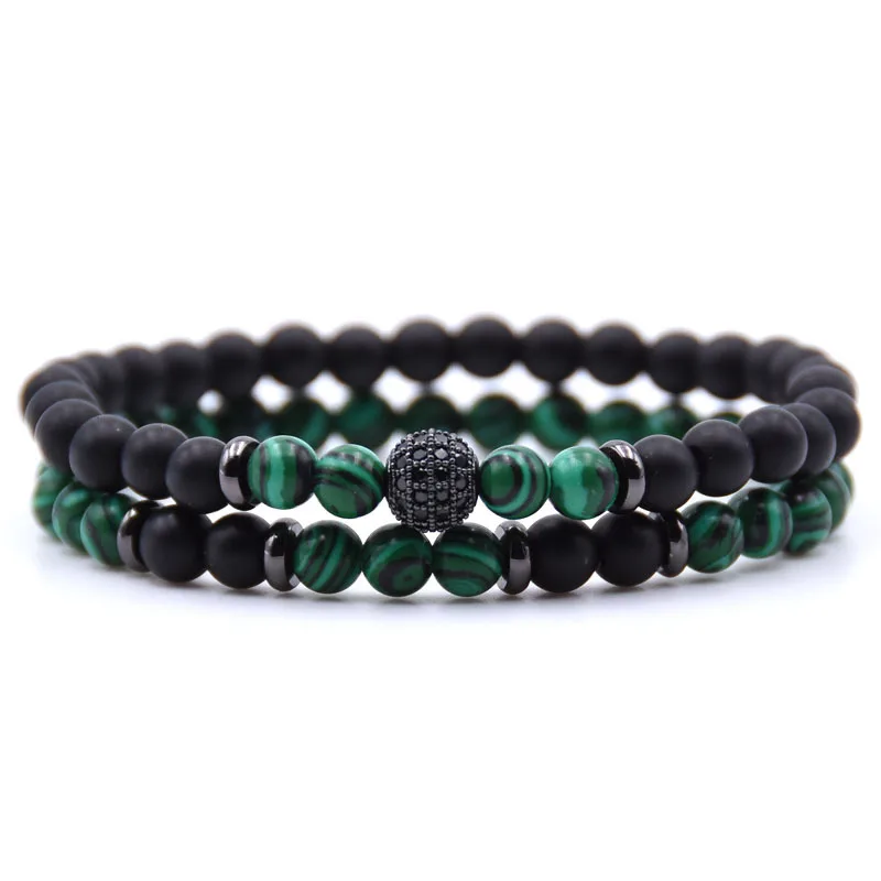 

Hot 2pc/sets Natural Stone Bead Bracelet Mens Micro Pave CZ 8mm Disco Ball Charms Bracelets for Women Men Jewelry Viking Bijoux