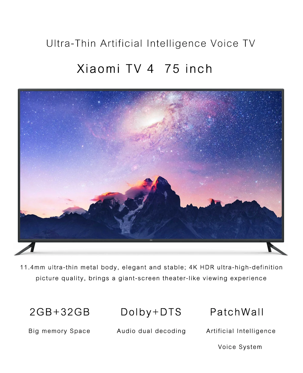 Xiaomi Smart tv 4 75 дюймов беспроводной Ультра-тонкий AI интеллект голосовое телевидение английский интерфейс 4K HDR 2 ГБ+ 32 Гб ram Dolby+ DTS