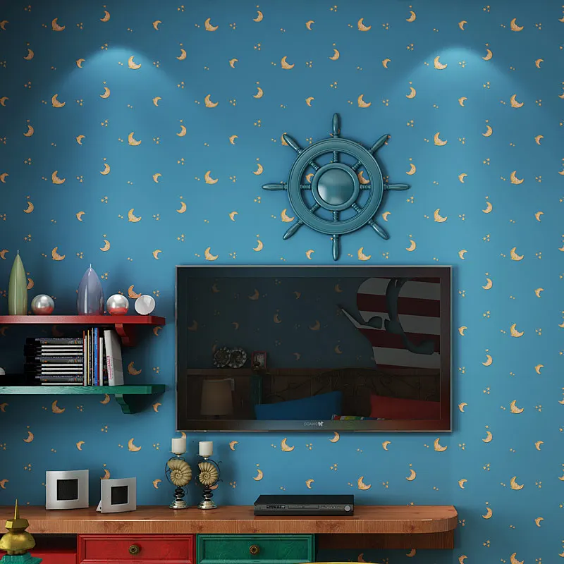 

Children's Room Non-woven Wallpaper For Kids Room Moon And The Stars Blue Boys Girls Bedroom Wall Decoration Wallpaper Roll 3D