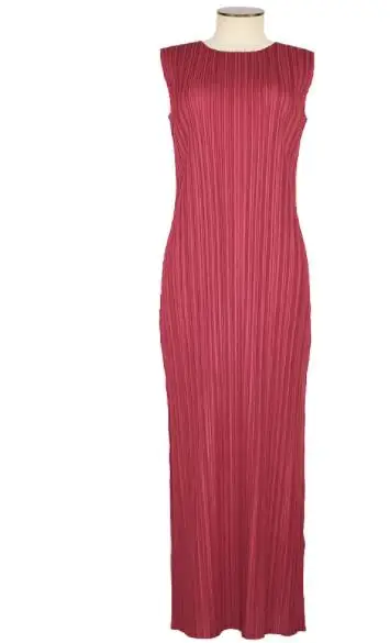 Miyake Fold Лето Японский стиль круглый воротник без Рукавов Платье женское средней длины жилет платье - Цвет: Бургундия