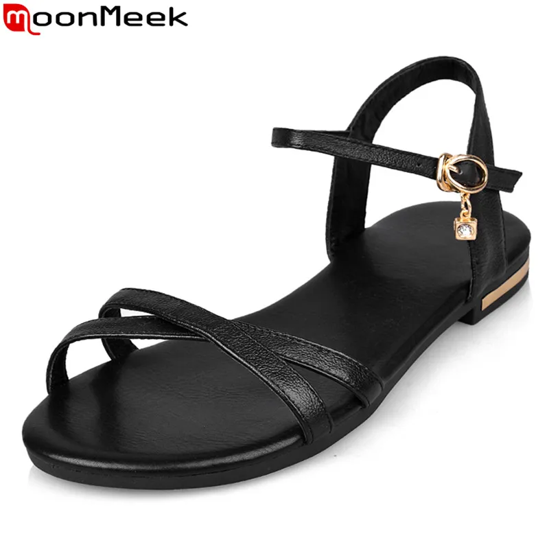 MoonMeek wholesale 2019 Genuine leather women sandals flat high quality summer ladies fashion casual shoes woman white black