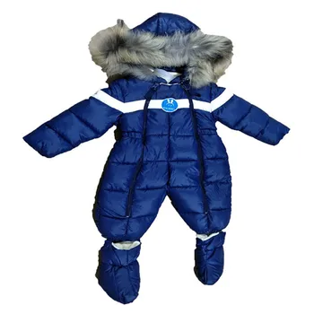 

Russian Winter Baby Down Cotton Rompers with Real Fur Hood Outdoor Skit Snowsuit Girls clothing Infant Boy Romper R01
