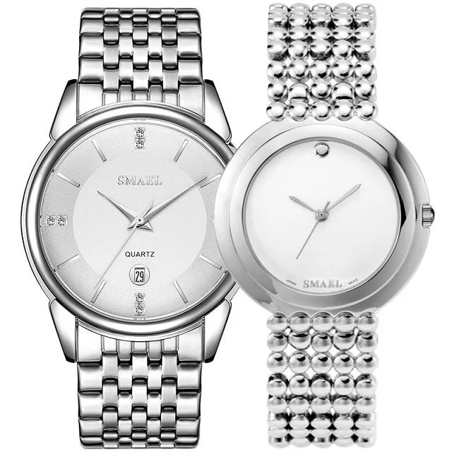 SMAEL, роскошные классические часы, набор для пары, женские водонепроницаемые повседневные наручные часы, элегантные 9026, 1885 м, кварцевые цифровые часы - Цвет: 1885M-9026Silver