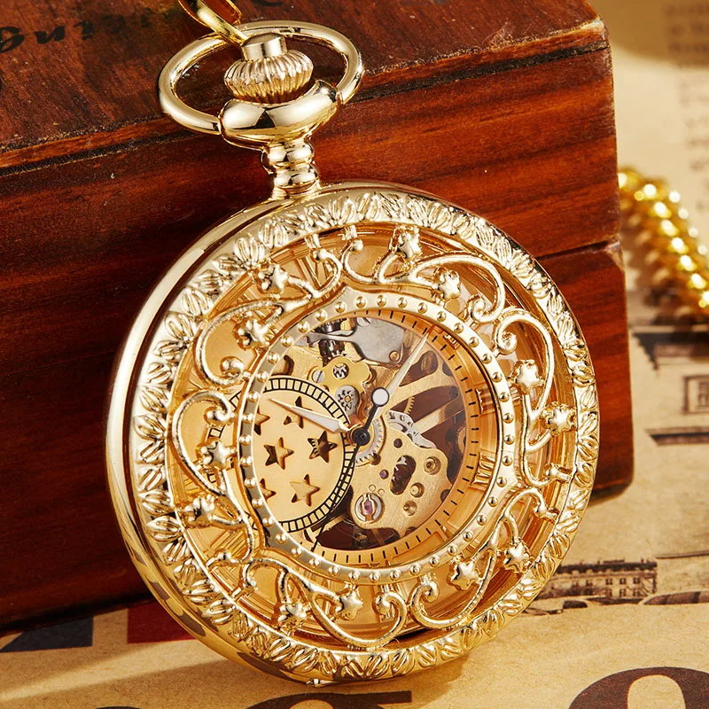 Ретро полые механические карманные часы с цепочкой FOB золотые звезды Скелет стимпанк винтажные мужские женские ручные намотки карманные часы