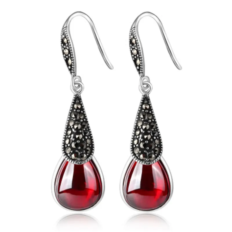 BESTLYBUY винтажные Ретро Красные гранат Длинные висячие серьги 925 серебряные