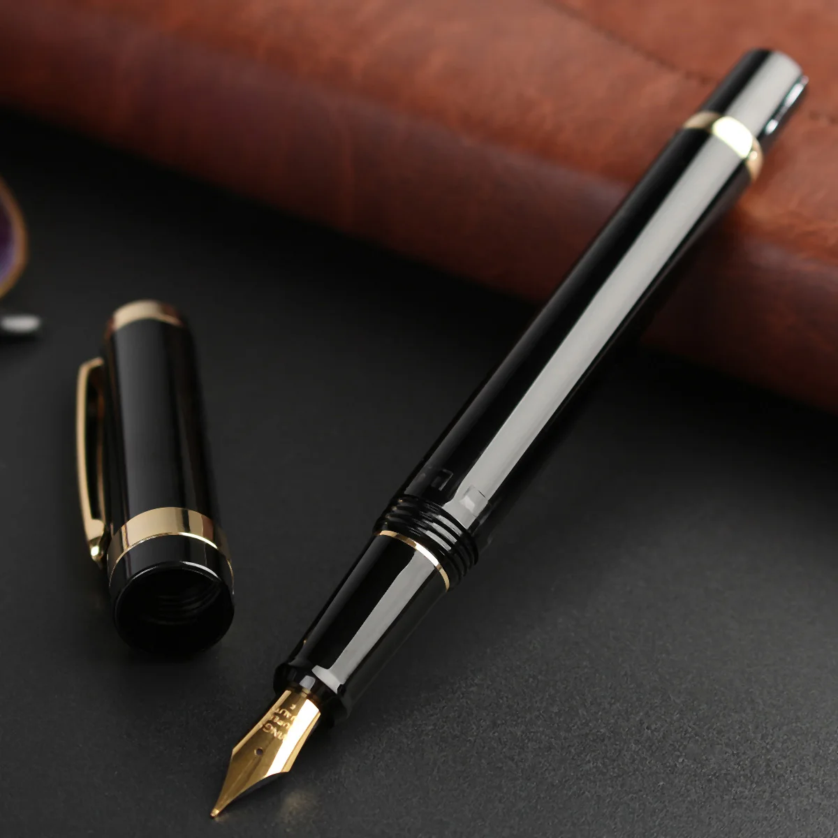 

Kicute 1pcs Modern Piston Type Black Golden Clip Fountain Pen 0.5mm Fine Softer Nib and Storage Bag for School Office