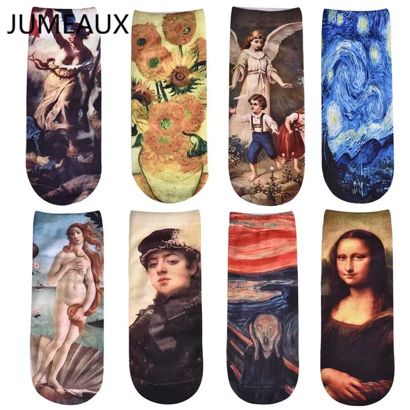 JUMEAUX Fashion Oil Painting Socks Women's Funny Socks Sunflower Mona Lisa Van Gogh Ankle Socks Novelty Casual Short Meias