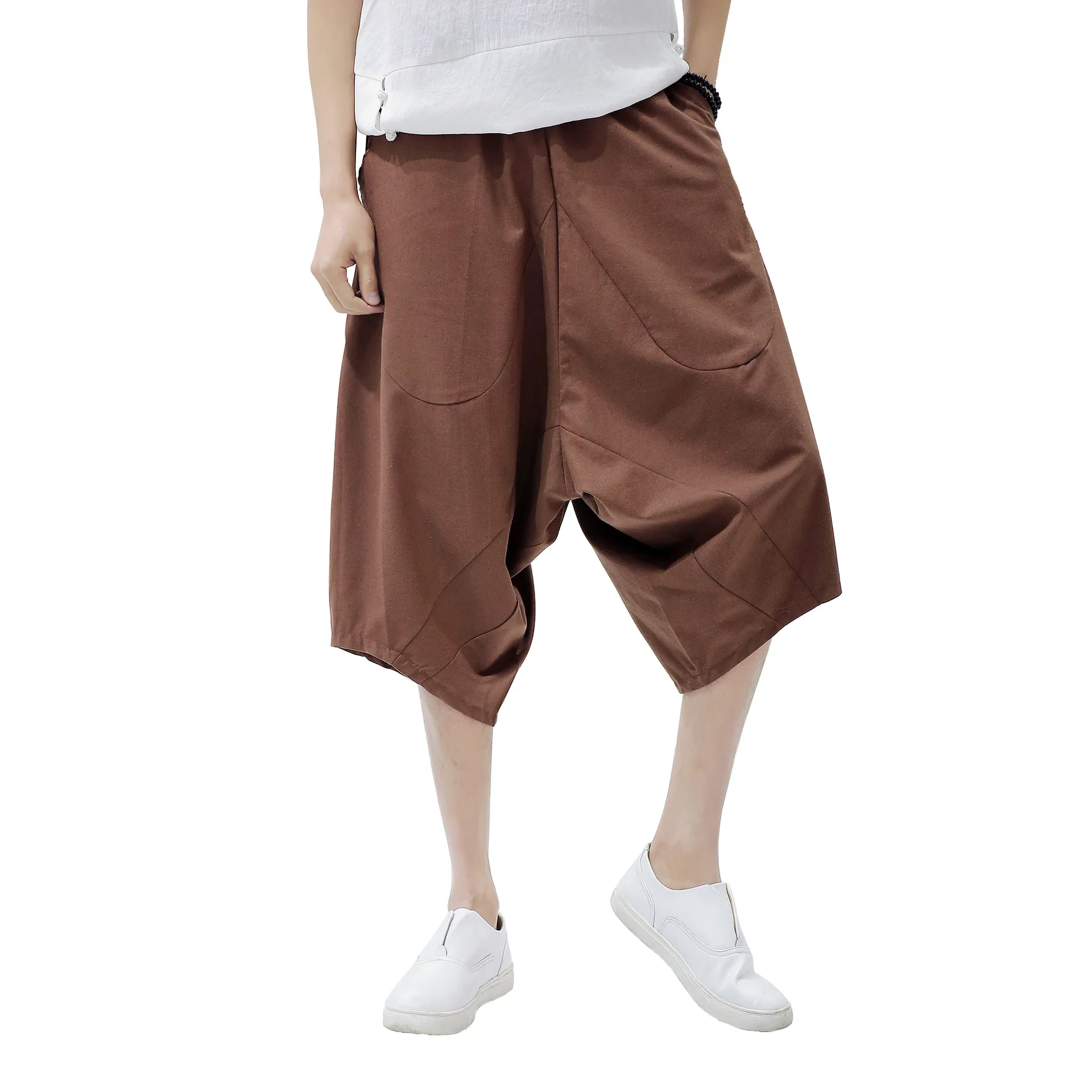 Helisopus, мужские хлопковые льняные свободные штаны-шаровары с завязками, Мужские Широкие штаны в стиле хип-хоп, свободные штаны для бега, штаны в стиле хиппи, Pantalon, 5XL - Цвет: brown