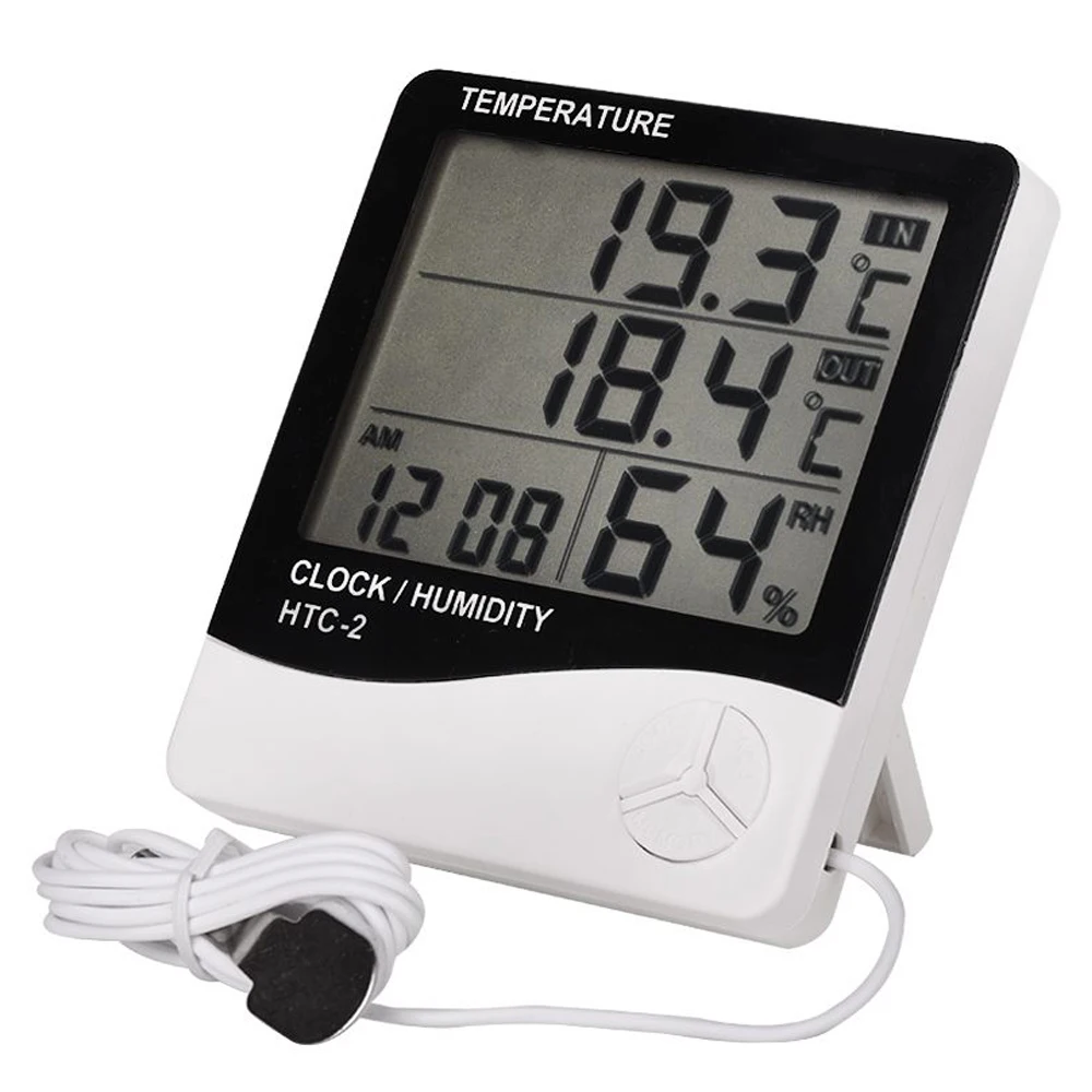 

Digital LCD Thermometer Hygrometer Electronic Temperature Humidity Meter Weather Station Indoor Outdoor Tester Alarm Clock HTC-2