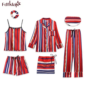 

Fdfklak 7 pieces pyjamas women sleepwear set long sleeve silk satin nightwear print striped spring autumn pajamas female pijama