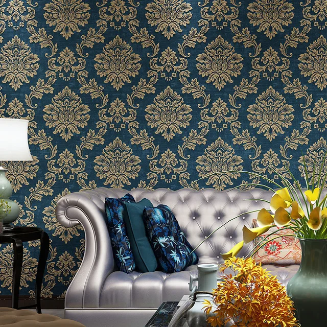Beibehang European Retro Damascus Throwing Gold Wallpaper Green Non Beibehang European Retro Damascus Throwing Gold Wallpaper Green Non Woven Dark Blue Living Room