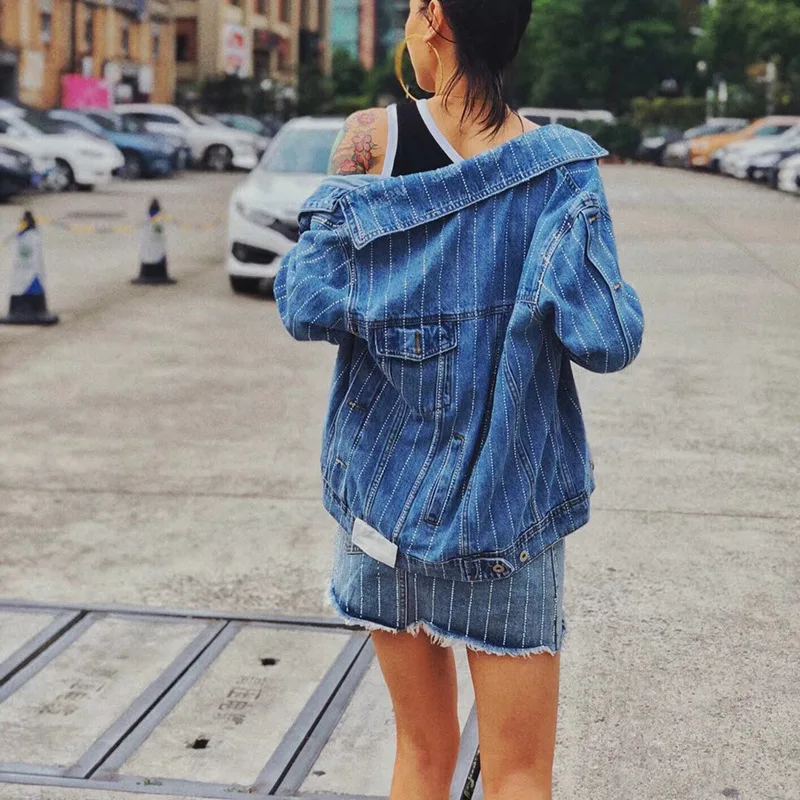 Femmes Outwear Bling Bleu Nouvelles Diamants Poches Manteaux Denim De Streetwear Femme Lourd Cakucool Rayé Perles Veste Luxe 5wRCqvv