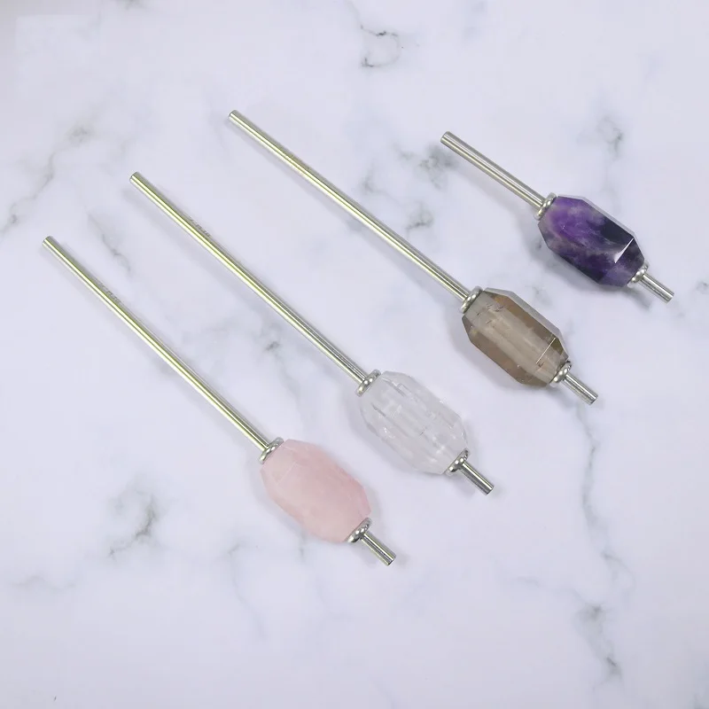 New Eco-friendly Collapsible Amethyst/Rose quartz Clear Crystal drink straw Reusable Stainless Steel Straw With Brush