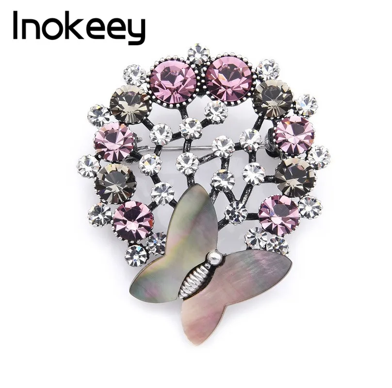 

Inokeey Natural Shell Butterfly Multicolor AAA Crystal Flower Women Bouquet Wedding Brooch Pins 2019
