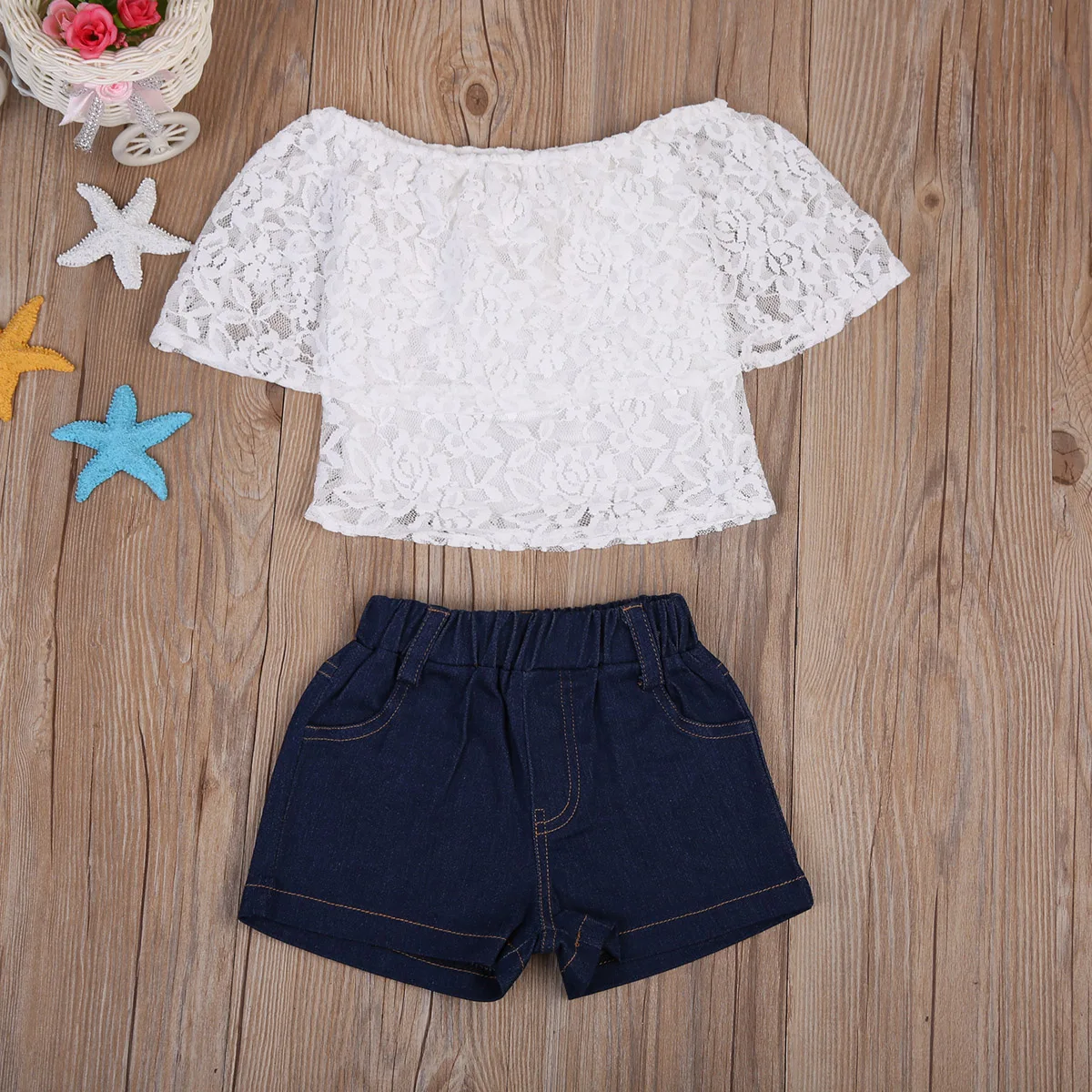 2Pcs Baby Kids Girls Clothing Off-the-shoulder Blouse Tops+Denim Shorts Outfits
