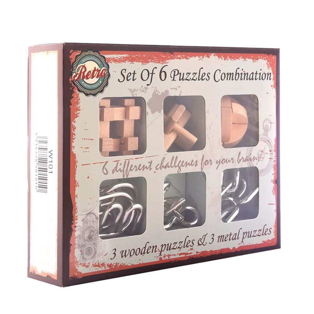 UTOYSLAND 6pcs/set Metal Puzzle Wire IQ Mind Brain Teaser Wooden Puzzles Game Educational Toys for Children Adults Kids Gift