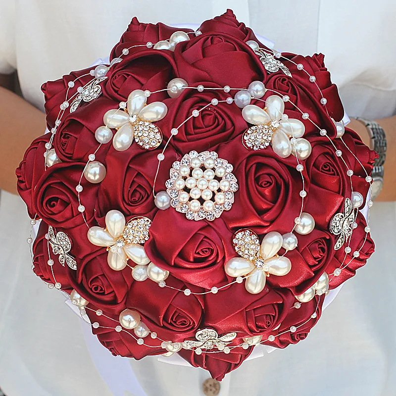 

Customized 18CM Dark Red Silk Rose Wedding Bouquet Rhinestone Pearl Bridal Bouquet White Ribbon Wedding Bridesmaid Bouquet