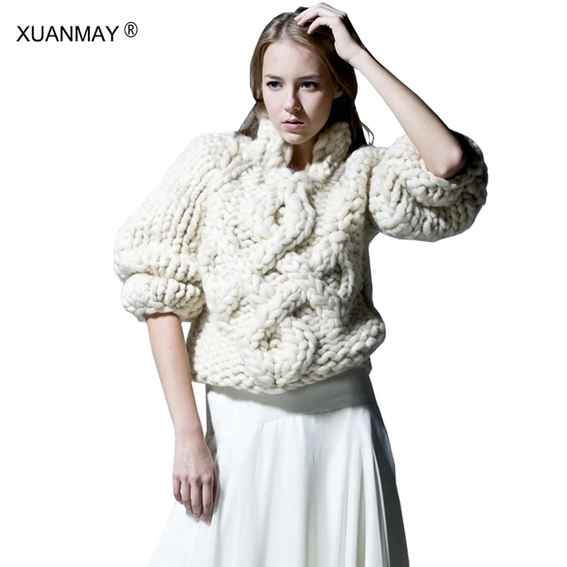

Spring Women's Handmade woven White Wweater Chunky knit Retro style Sweater Coat Oversized S code to 5XL yard Sweater Female