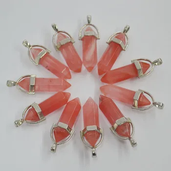 

Wholesale fashion Gems Stones Hexagonal Pointed Healing Reiki Chakra Pendant cherry quartz stone Beads Necklace Making 12Pcs