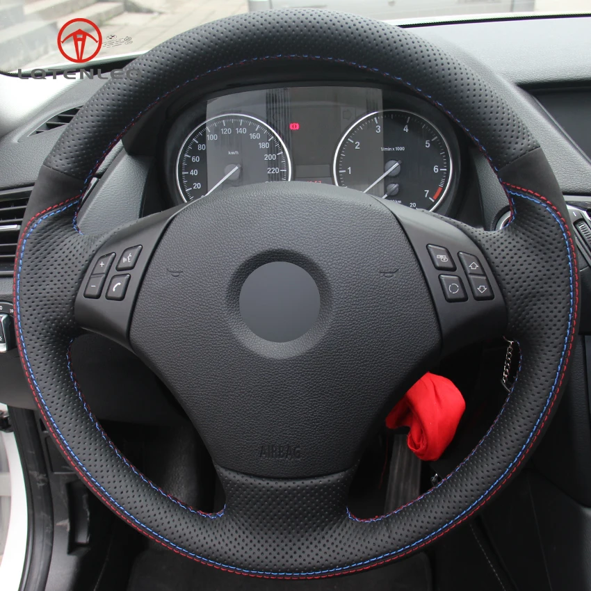 

LQTENLEO Black Genuine Leather Suede DIY Hand-stitched Car Steering Wheel Cover for BMW E90 320 318i 320i 325i 330i 320d X1