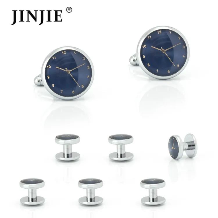 Best new design wedding tuxedo cuff studs and gold and blue watch cufflinks gift set for men