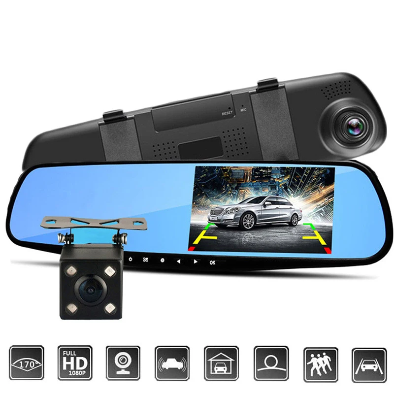 4," HD 1080P двойной объектив зеркало заднего вида автомобиля dvr Cam рекордер безопасности камеры набор