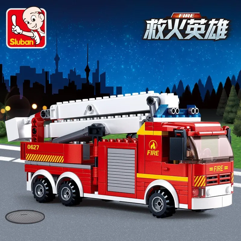 

394Pcs City Fire Fighting Elevated Platform Fire Truck Model Building Blocks Set Juguetes Educational Bricks Playmobil Kids Toys