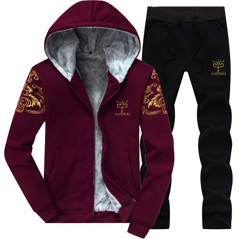  Classic Plus Velvet Set Men Size 4XL 2018 New Autumn and Winter Men Casual Print Hooded Jacket and 