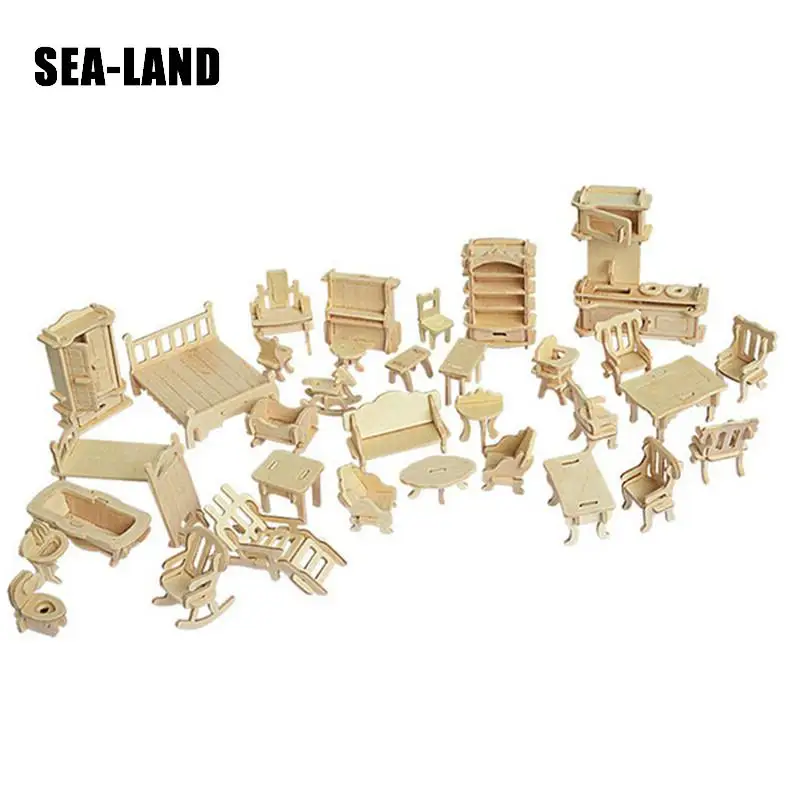 لعب الاطفال من 3D خشبية لغز 34 قطعة/المجموعة مصغرة 1:12 دمية الأثاث ل Dollsmini Diy بناء نموذج للأطفال هدية