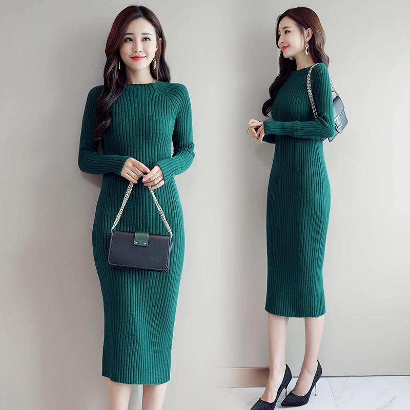 

Winter Korea Elegant Green Knitted Bodycon Party Dress Women Autumn Fashion Sexy Long Sleeve Dresses Female Vestidos Robe
